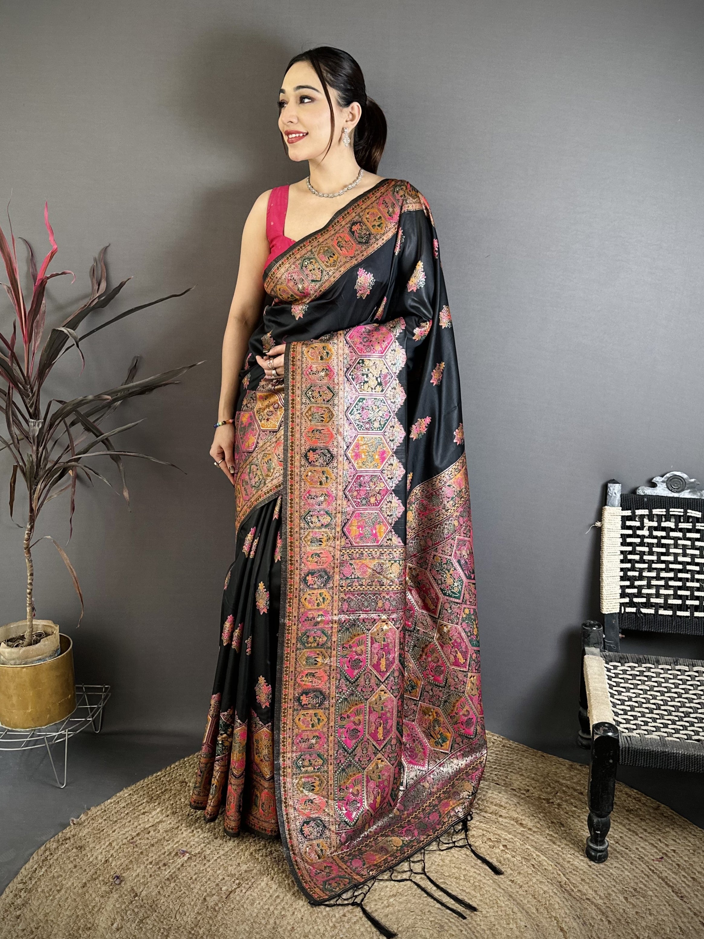 Women’s Pashmina Kashmiri Saree with All-Over Meenakari Weaving, Rich Woven Border & Meenakari Pallu with Tassels and Unstitched Blouse
