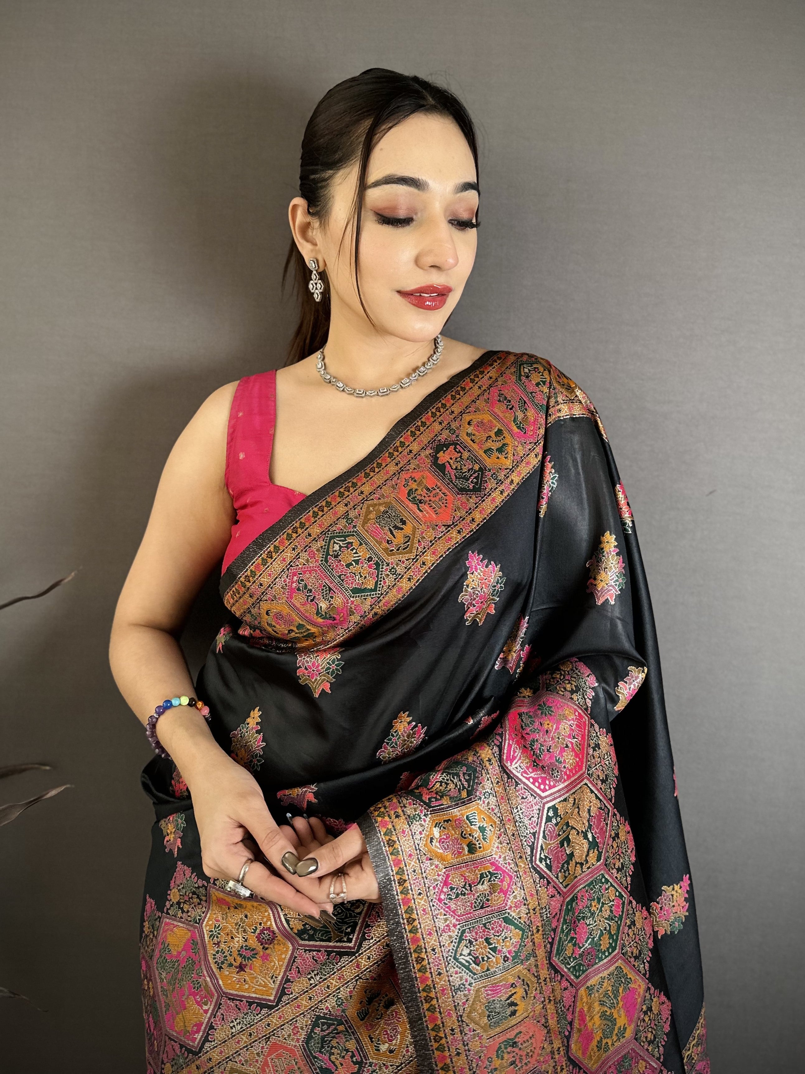 Women’s Pashmina Kashmiri Saree with All-Over Meenakari Weaving, Rich Woven Border & Meenakari Pallu with Tassels and Unstitched Blouse