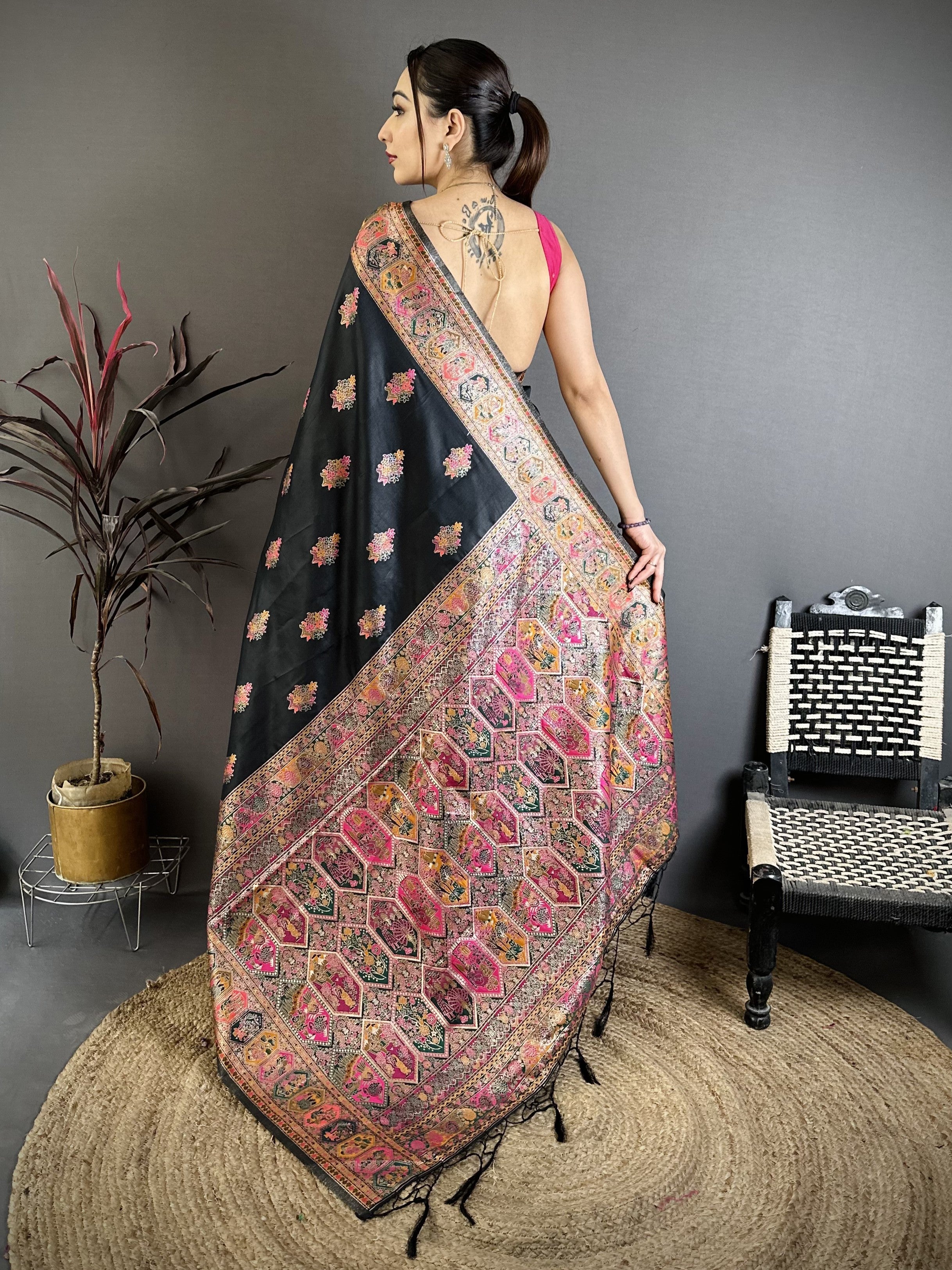 Women’s Pashmina Kashmiri Saree with All-Over Meenakari Weaving, Rich Woven Border & Meenakari Pallu with Tassels and Unstitched Blouse